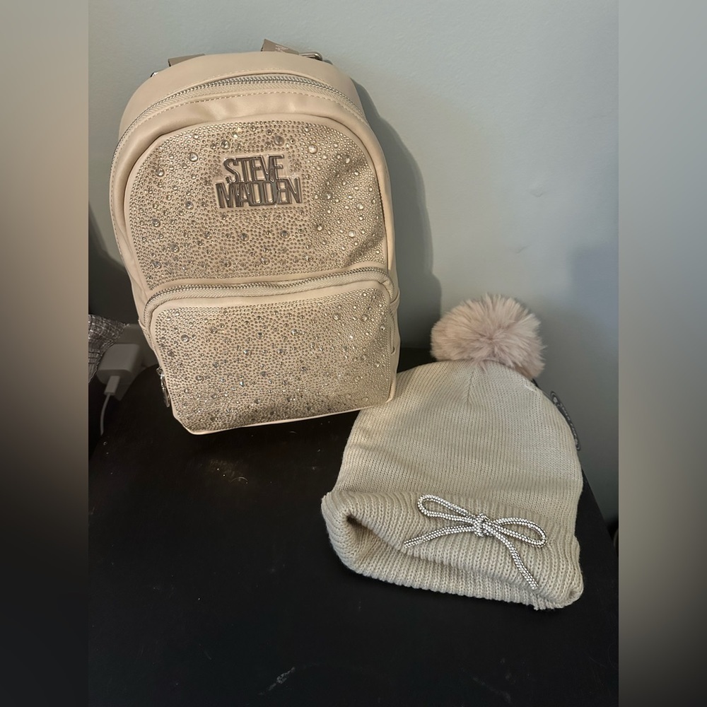 Steve Madden Rhinestone Studded Backpack with Matching Hat